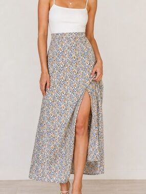 🌾 H&M Romantic Floral Maxi Skirt Side Slit Flowy Cottagecore Picnic Sz 14 Large
